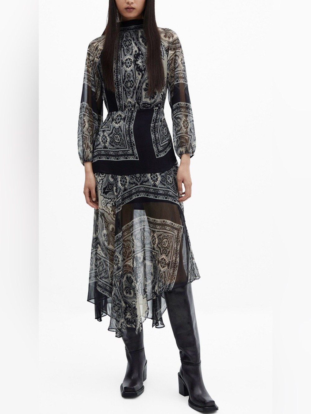 MNG Black & White Paisley Long Sleeve maxi Dress Size 4